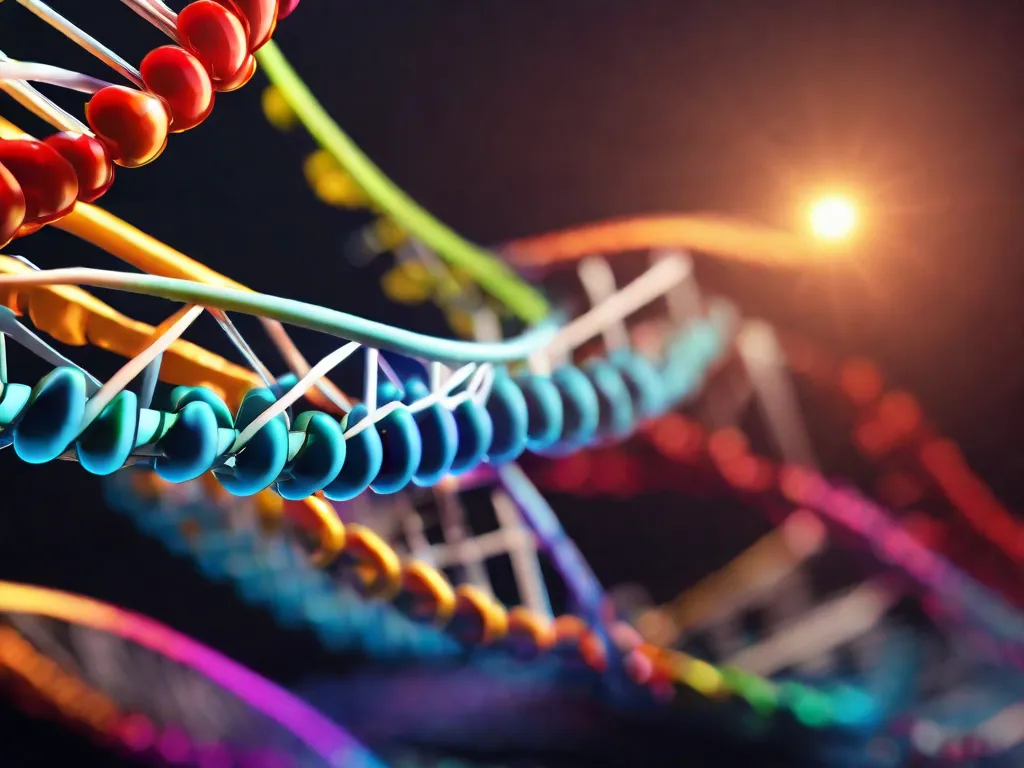 Descrição da imagem: Uma fotografia em close-up de uma estrutura de hélice dupla de DNA, com cores vibrantes representando as quatro bases nucleotídicas (adenina, timina, citosina e guanina). As fitas de DNA se entrelaçam graciosamente, simbolizando a relação intrincada entre biologia e genética. Ao redor da estrutura de DNA, há livros abertos, simbolizando