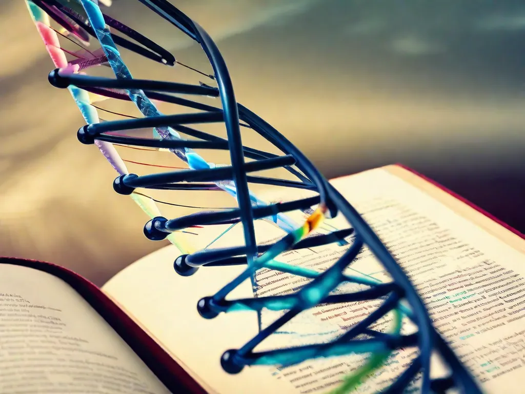 Descrição da imagem: Uma fotografia em close-up de uma estrutura de hélice dupla de DNA, com cores vibrantes representando as quatro bases nucleotídicas (adenina, timina, citosina e guanina). As fitas de DNA se entrelaçam graciosamente, simbolizando a relação intrincada entre biologia e genética. Ao redor da estrutura de DNA, há livros abertos, simbolizando