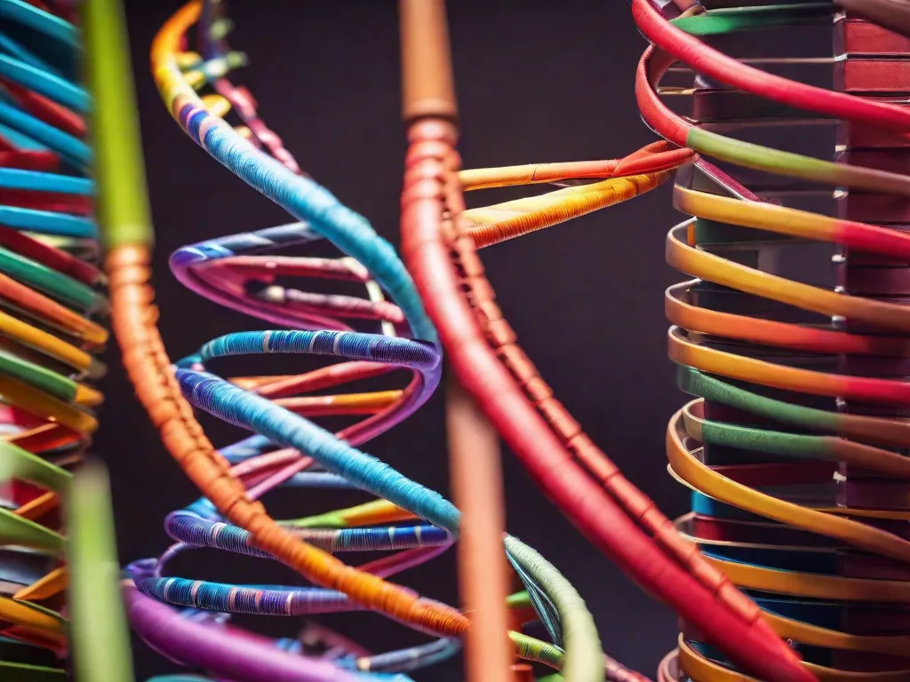 Descrição da imagem: Uma fotografia em close-up de uma estrutura de hélice dupla de DNA feita de livros coloridos. Os livros estão empilhados de forma organizada, formando a forma da estrutura de DNA. As cores vibrantes representam os diversos ramos da genética e biologia, simbolizando o conhecimento infinito contido nos livros.