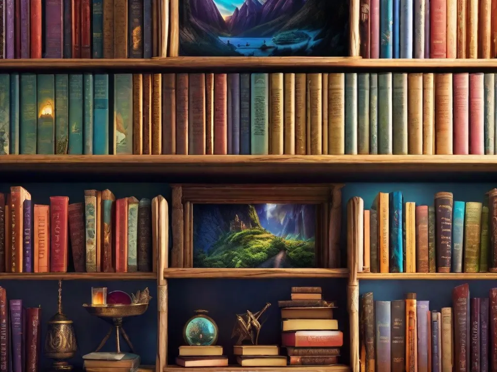 Descrição: Uma imagem vibrante de uma estante de livros repleta de romances jovens adultos cheios de aventura. Os livros são adornados com capas cativantes, mostrando paisagens emocionantes, personagens corajosos e criaturas misteriosas. Cada livro representa uma porta de entrada para um mundo de emoção, onde os leitores podem embarcar em jornadas emocionantes e descobrir suas próprias avent