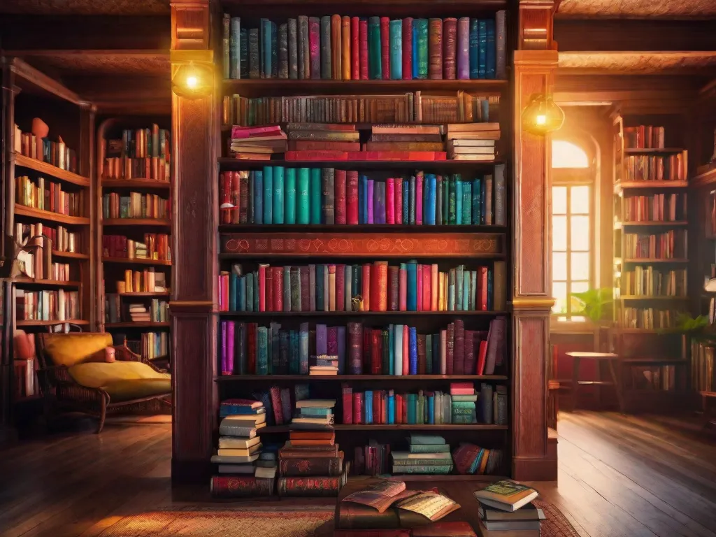 Descrição: Uma imagem vibrante de uma estante de livros repleta de romances jovens adultos cheios de aventura. Os livros são adornados com capas cativantes, mostrando paisagens emocionantes, personagens corajosos e criaturas misteriosas. Cada livro representa uma porta de entrada para um mundo de emoção, onde os leitores podem embarcar em jornadas emocionantes e descobrir suas próprias avent