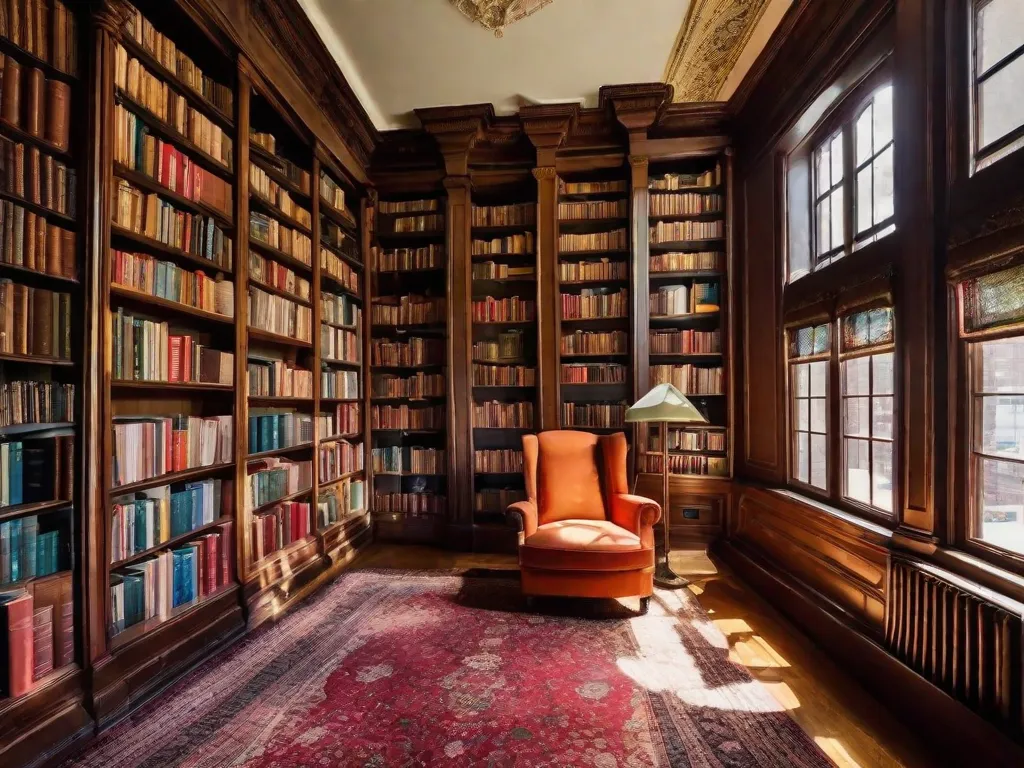 Uma imagem impressionante de uma estante antiga e desgastada se estendendo infinitamente até o horizonte. Cada prateleira está repleta de inúmeros livros, representando a imensidão e a beleza atemporal das sagas literárias. As fileiras infinitas de livros evocam uma sensação de curiosidade e aventura, convidando os leitores a embarcar em uma jorn