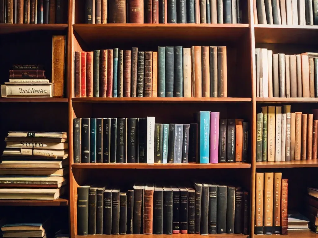 Descrição da imagem: Um close de uma estante de livros cheia de livros de diversos gêneros e tamanhos. Os livros estão arranjados de forma desordenada, simbolizando o apetite voraz por conhecimento e a fome insaciável por literatura. Os títulos diversos representam a vasta gama de temas e histórias que os livros oferecem, satisfazendo a fome intelectual dos
