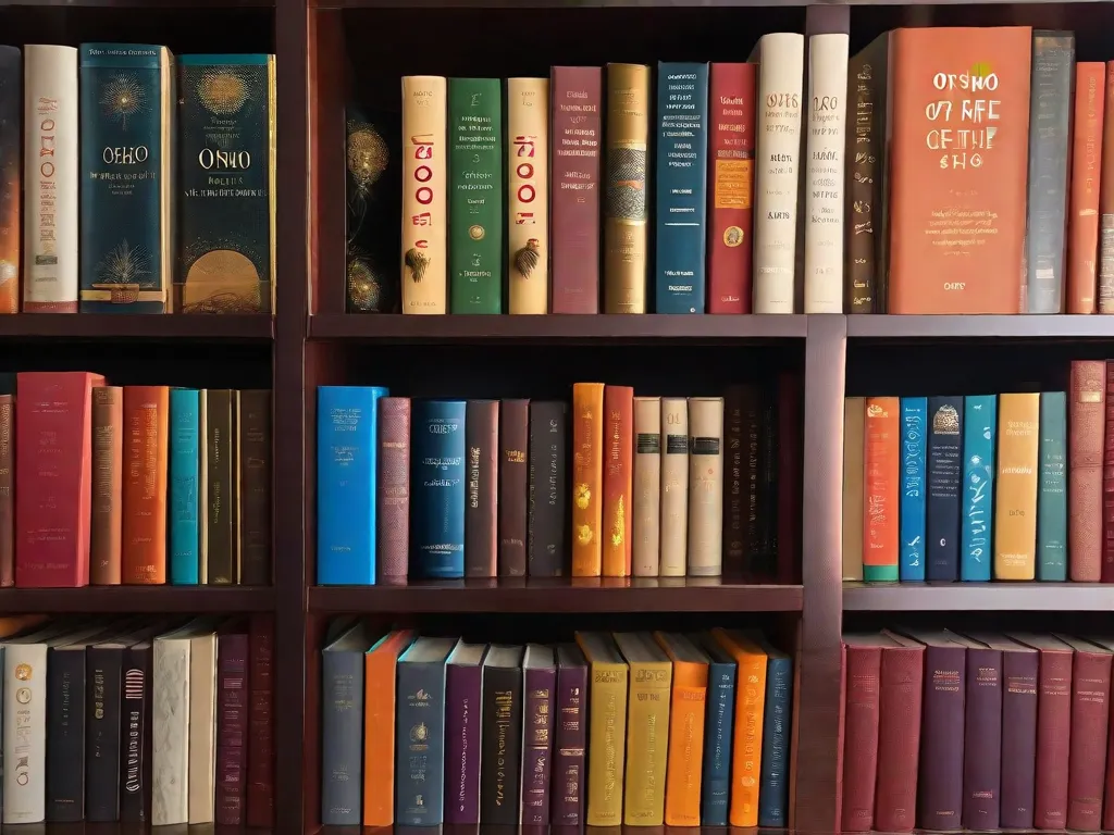 Descrição da imagem: Uma fotografia em close-up de uma pilha de livros de Osho, organizados de forma arrumada em uma prateleira de madeira. Os livros têm capas vibrantes e chamativas, com títulos como