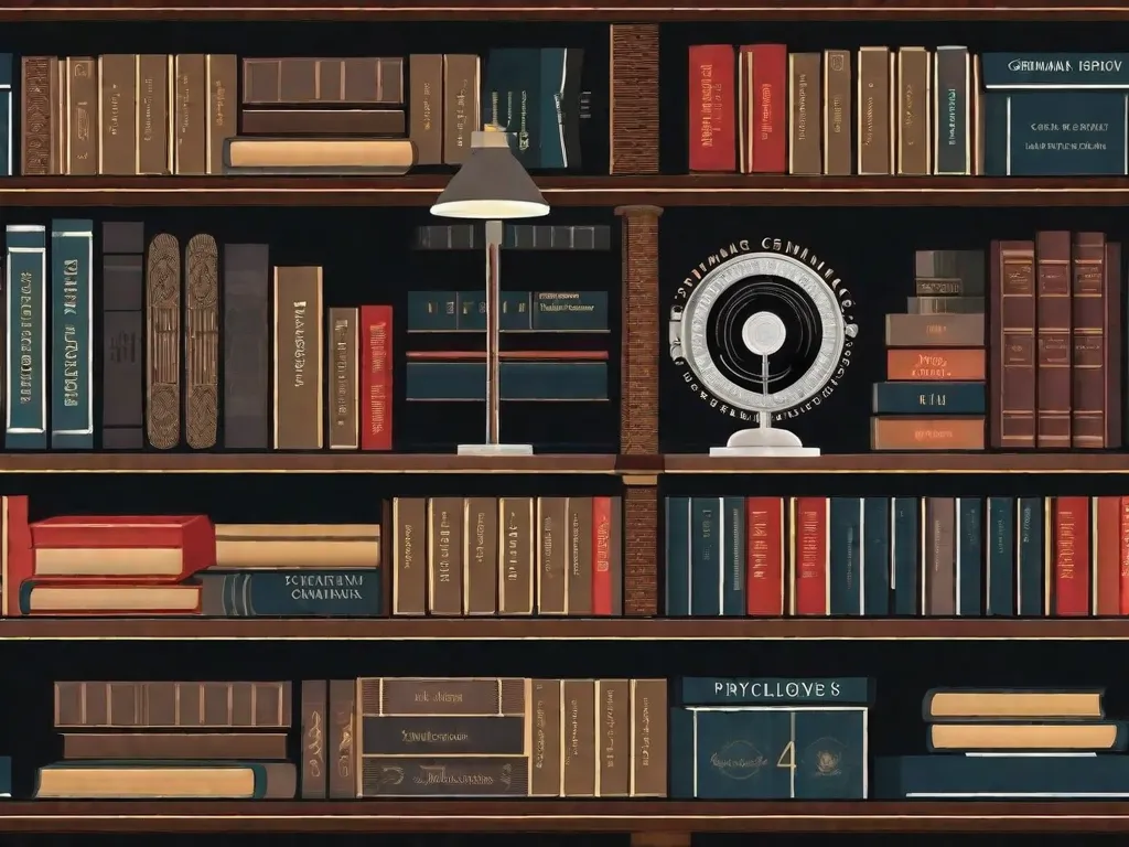 Descrição da imagem: Uma estante de livros escura e misteriosa, cheia de romances policiais e livros de crimes reais. Os livros estão organizados de forma arrumada, com títulos como
