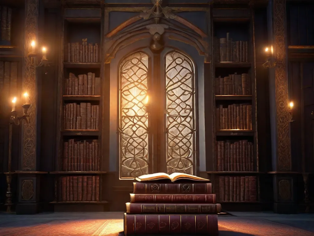 Descrição da Imagem: Uma estante mística adornada com tomos antigos, repletos de conhecimento esotérico. Os livros são encadernados em couro envelhecido, seus símbolos e sigilos intrincados insinuam os segredos contidos neles. A luz suave das velas banha o ambiente, lançando um brilho etéreo nos textos místicos, evoc