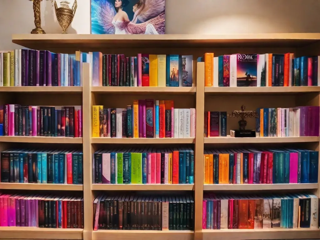 Descrição da imagem: Um close-up de uma estante cheia de capas de livros lindamente projetadas de romances escritos por autores nacionais. Os livros estão dispostos de forma a criar uma exibição cativante, com cores vibrantes e títulos cativantes que prometem histórias de amor, paixão e aventura.