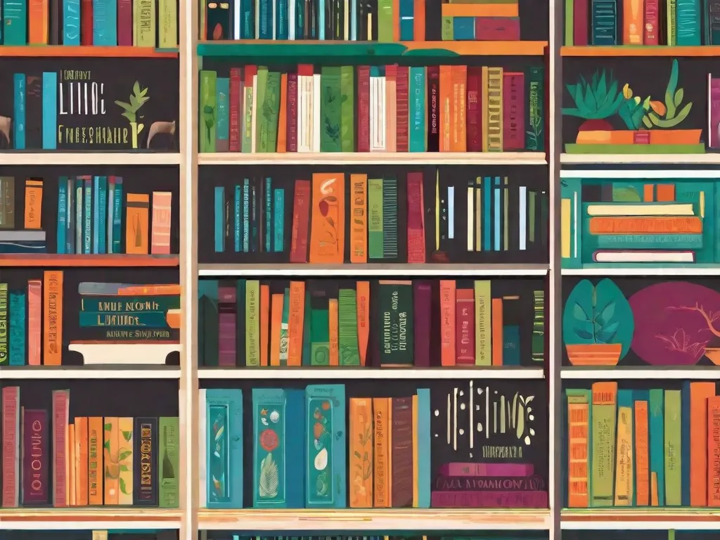 Descrição da imagem: Uma estante de livros vibrante e diversificada, cheia de livros sobre vida sustentável, permacultura e práticas ecológicas. Os livros estão organizados de uma maneira que lembra o layout de uma ecovila, com cada livro representando um aspecto único da vida sustentável, desde energia renovável até agricultura orgânica. As cores das capas dos livros refletem