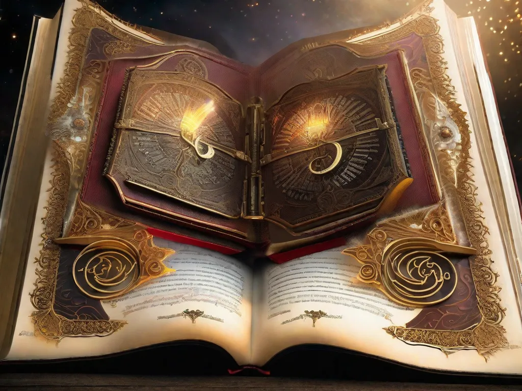 Descrição da imagem: Um close-up de um livro encadernado em couro desgastado, com detalhes dourados intrincados em sua capa. O livro está aberto, revelando páginas amareladas cheias de anotações escritas à mão e trechos sublinhados. Raios de sol filtram por uma janela próxima, iluminando o livro e lançando um brilho nostálgico.