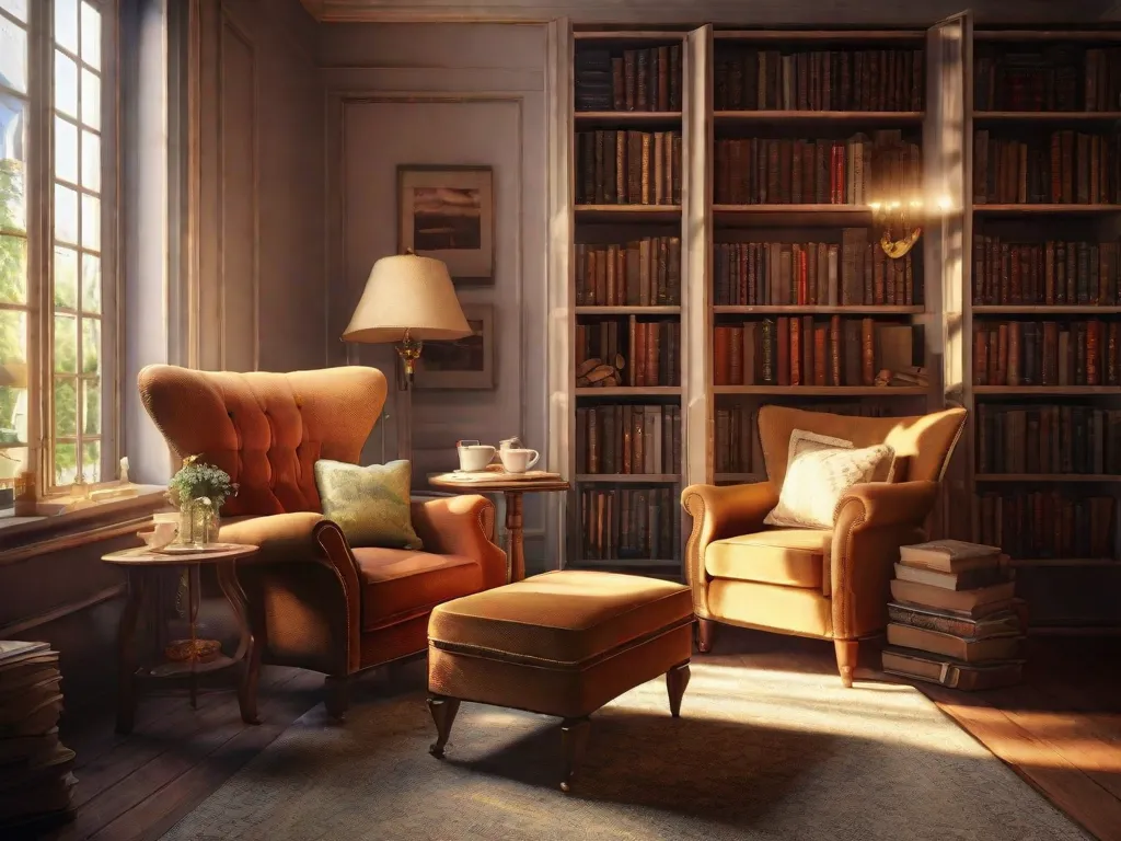 Tema: A Alegria da Leitura
Descrição: Na imagem, uma poltrona aconchegante é banhada pela luz do sol que entra por uma grande janela. Uma xícara de chá fumegante repousa em uma mesa lateral, acompanhada por uma pilha de livros bem amados. As páginas de um livro são viradas suavemente, como se convidassem o leitor a embarcar em