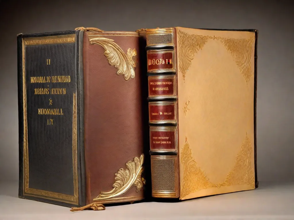 Descrição da imagem: Uma fotografia em close-up de um livro encadernado em couro desgastado, suas páginas amareladas pelo tempo. O título do livro,