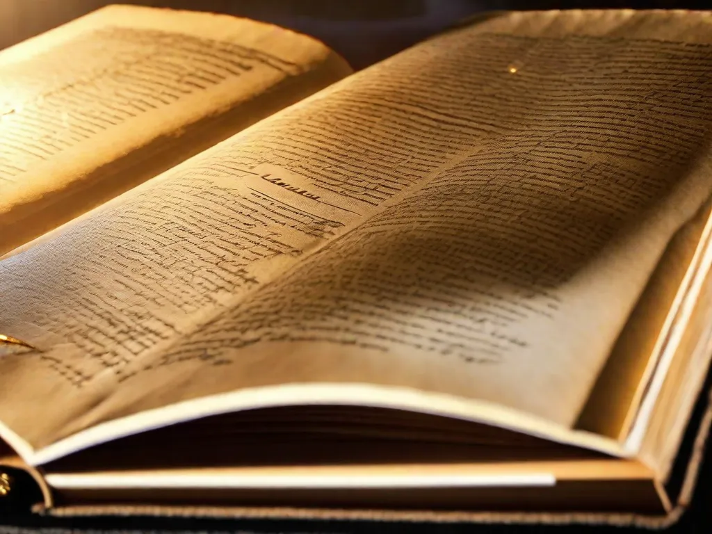 Descrição da imagem: Um close-up de um livro desgastado, encadernado em couro, com entalhes intricados em sua capa. O livro está colocado sobre uma mesa de madeira, cercado pela luz tremeluzente de velas, criando uma atmosfera misteriosa e encantadora. As páginas do livro estão levemente amareladas, sugerindo a sabedoria e o conhecimento contidos em suas