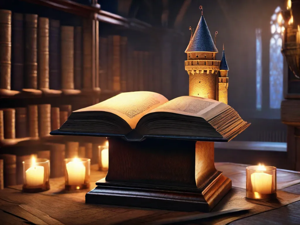 Em uma biblioteca pouco iluminada, um tomo antigo repousa aberto em um pedestal de madeira. Suas páginas desgastadas retratam um mundo de fantasia medieval, com castelos imponentes, dragões majestosos e corajosos cavaleiros em armaduras reluzentes. O livro parece ganhar vida, transportando os leitores para um reino onde magia e aventura se entrelaç