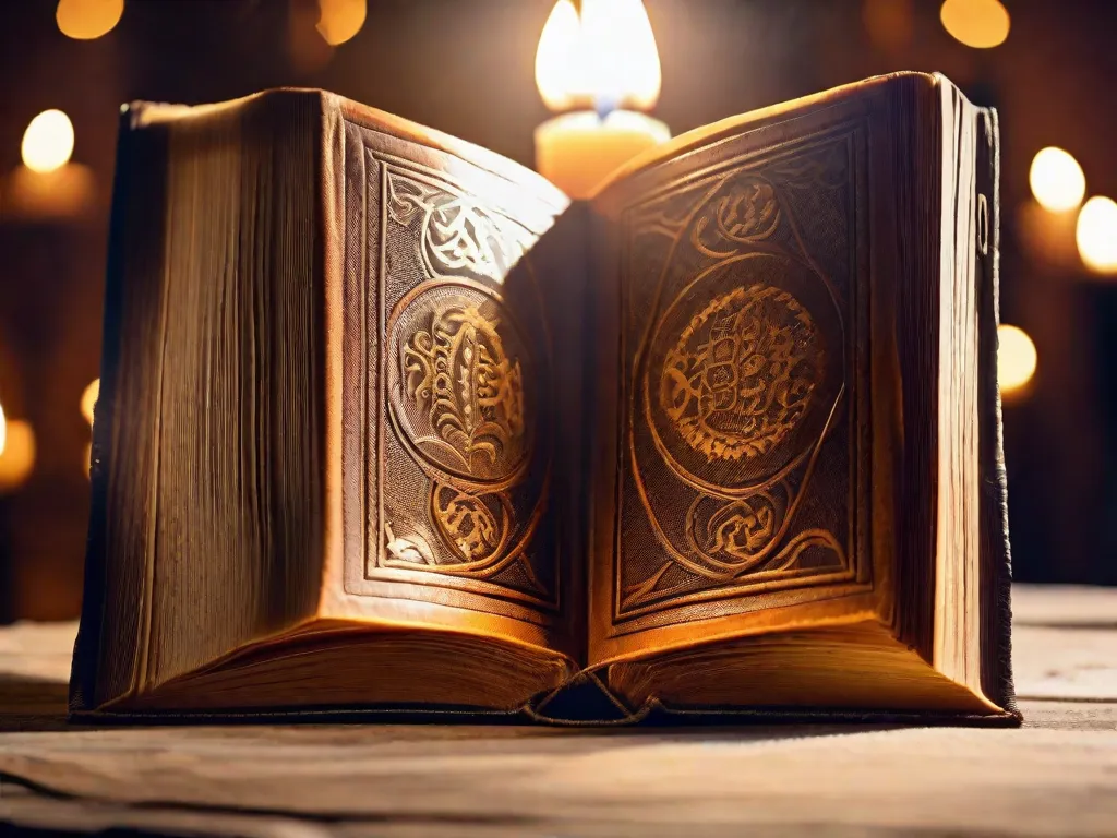 Descrição da imagem: Um close-up de um livro desgastado, encadernado em couro, com entalhes intricados em sua capa. O livro está colocado sobre uma mesa de madeira, cercado pela luz tremeluzente de velas, criando uma atmosfera misteriosa e encantadora. As páginas do livro estão levemente amareladas, sugerindo a sabedoria e o conhecimento contidos em suas