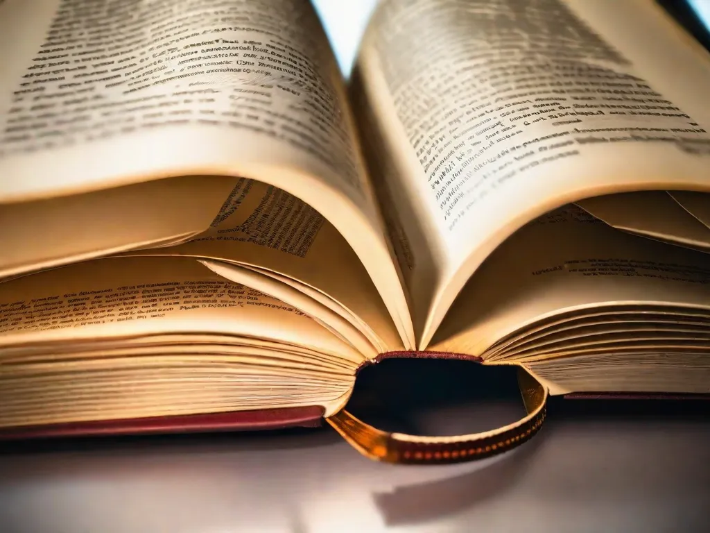 Descrição: Uma imagem em close-up de um livro bastante usado, com as páginas dobradas. A luz do sol passa pela janela, lançando um brilho quente nas páginas amareladas. A lombada do livro está rachada, revelando anos de amor e inúmeras horas de leitura.