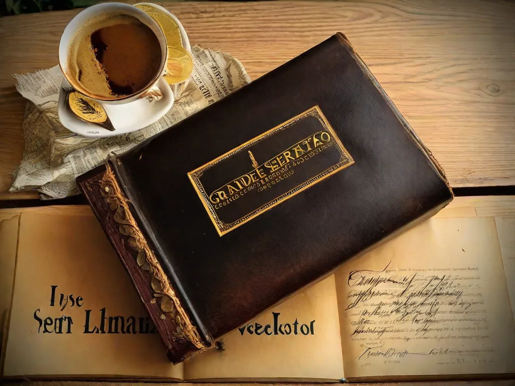 Uma fotografia de um livro encadernado em couro, desgastado pelo tempo, com suas páginas amareladas, exibindo o título