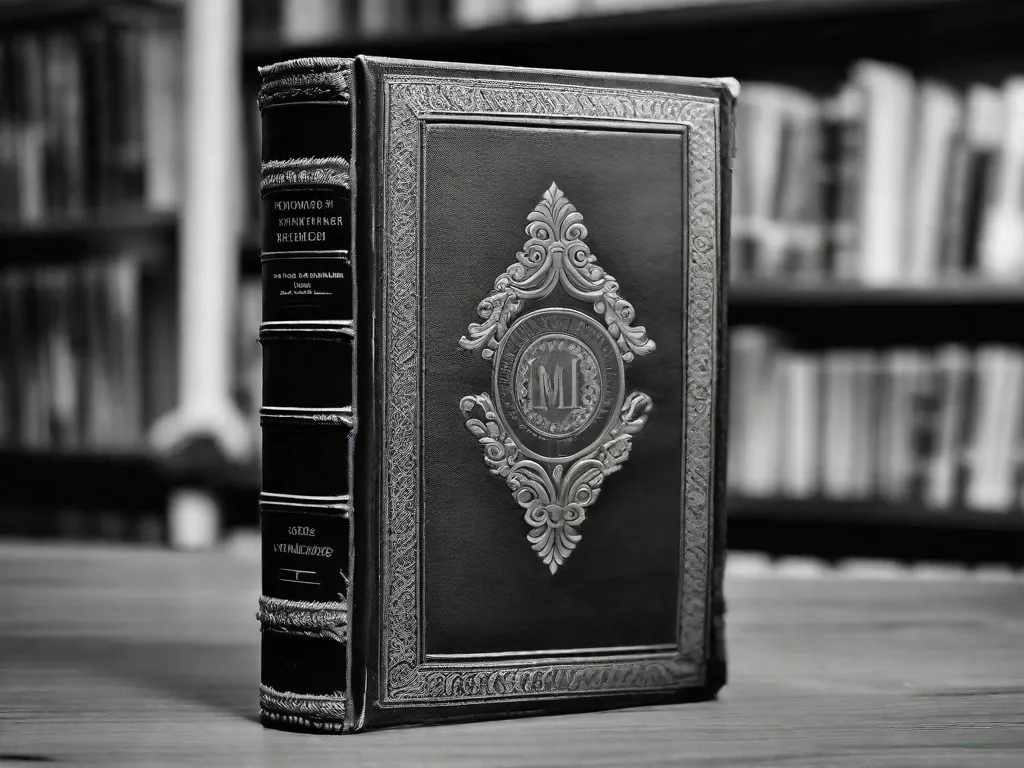 Descrição da imagem: Uma fotografia em close-up de um livro encadernado em couro desgastado, suas páginas amareladas pelo tempo. O título do livro,
