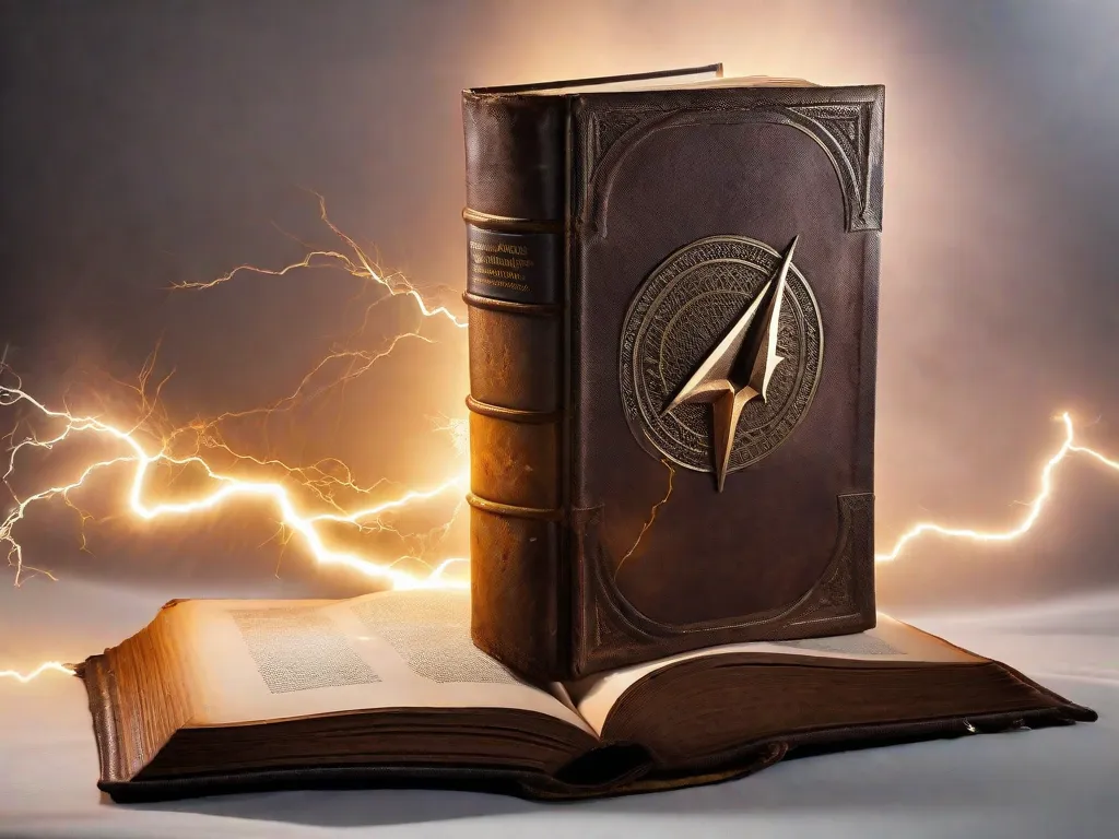 Na imagem, um livro encadernado em couro desgastado se destaca orgulhosamente em uma mesa de madeira, adornado com um par de óculos redondos e uma varinha. Raios de sol iluminam as páginas, revelando o mundo mágico de Harry Potter. A capa exibe a icônica cicatriz em formato de raio, evocando uma sensação de aventura e encantamento.