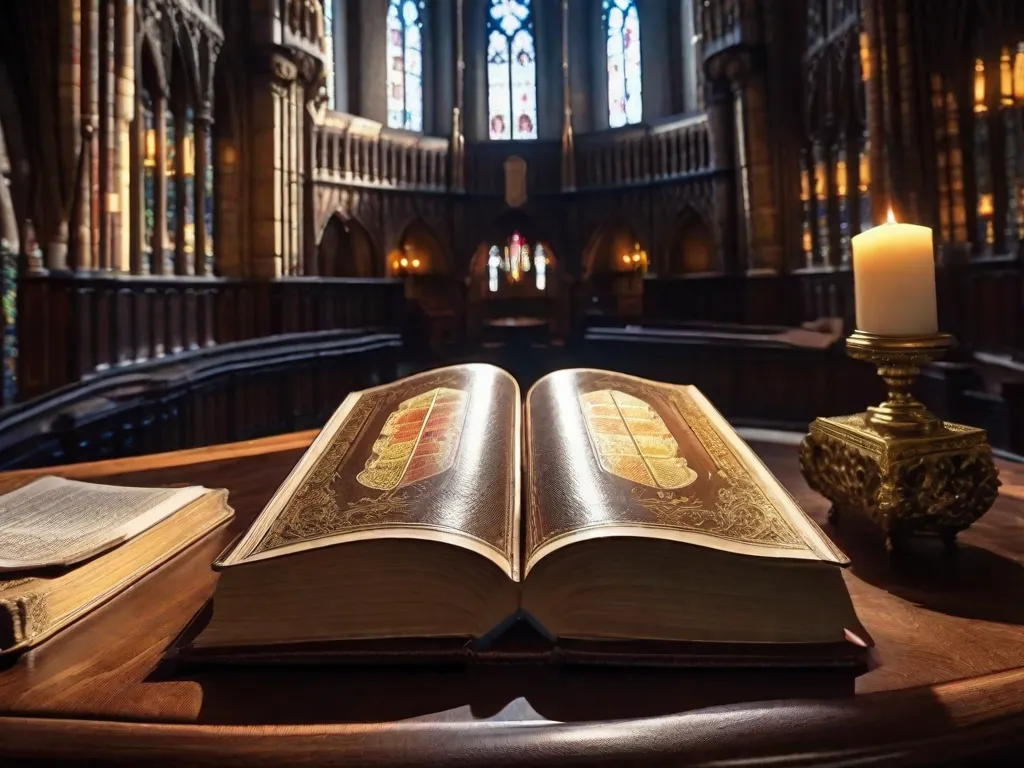 Um castelo místico ergue-se imponente em meio a uma floresta exuberante, suas antigas paredes de pedra adornadas com entalhes intricados. Raios de luz dourada filtram-se pelas janelas de vitral, iluminando uma grande biblioteca repleta de estantes altas. Tomos encadernados em couro e pergaminhos enfeitam as prateleiras, sussurr