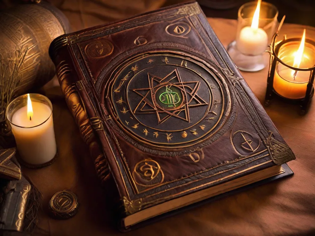 Um livro místico repousa aberto sobre uma mesa de madeira, iluminado pelo suave brilho da luz das velas. Suas páginas são adornadas com símbolos intricados e textos antigos, revelando os segredos do conhecimento esotérico. O ar está cheio de uma aura de mistério e curiosidade, convidando os leitores a se aventurarem no reino do es