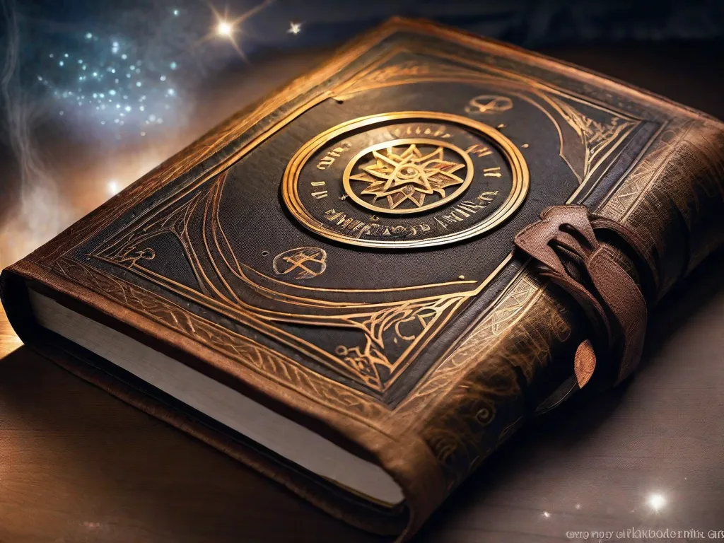Descrição: Um livro místico com uma capa de couro desgastada, adornada com símbolos intricados e runas antigas. Suas páginas estão cheias de conhecimento esotérico, revelando segredos do universo, reinos ocultos e o poder do sobrenatural. Raios de luz etérea emanam de suas páginas abertas, iluminando um quarto escuro com uma sensação