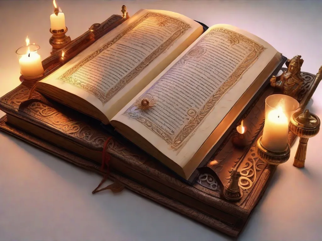 Descrição: Um livro místico com uma capa de couro desgastada, adornada com símbolos intricados e runas antigas. Suas páginas estão cheias de conhecimento esotérico, revelando segredos do universo, reinos ocultos e o poder do sobrenatural. Raios de luz etérea emanam de suas páginas abertas, iluminando um quarto escuro com uma sensação