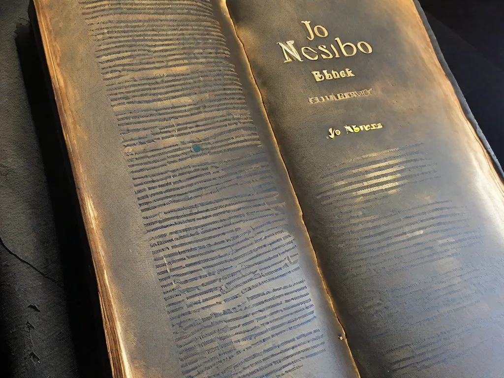 Descrição da imagem: Uma fotografia em close-up de uma poltrona de couro desgastada, com uma luminária de leitura levemente iluminada lançando um brilho suave sobre uma pilha dos envolventes romances policiais de Jo Nesbo. Os livros estão arrumados de forma organizada, exibindo seus títulos intrigantes e designs de capa arrepiantes. A imagem captura a ant