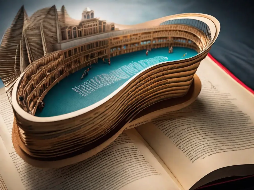 Uma imagem vibrante de um livro aberto transformado em uma cativante arena de touradas, com palavras e frases formando os intricados padrões do local. As páginas ganham vida conforme personagens corajosos de diferentes livros se envolvem em uma emocionante corrida literária, exibindo o poder e a empolgação da narrativa.