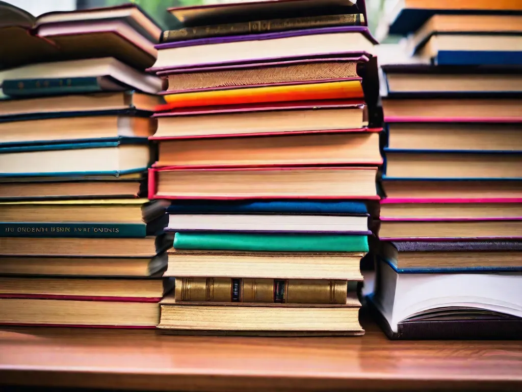 Descrição da imagem: Uma fotografia em close-up de uma pilha de livros com capas coloridas, arranjados de forma organizada em uma mesa de madeira. Os livros estão abertos, revelando páginas cheias de anotações escritas à mão, frases sublinhadas e trechos destacados. Um par de óculos repousa em cima de um dos livros, simbolizando o intenso foco e ded