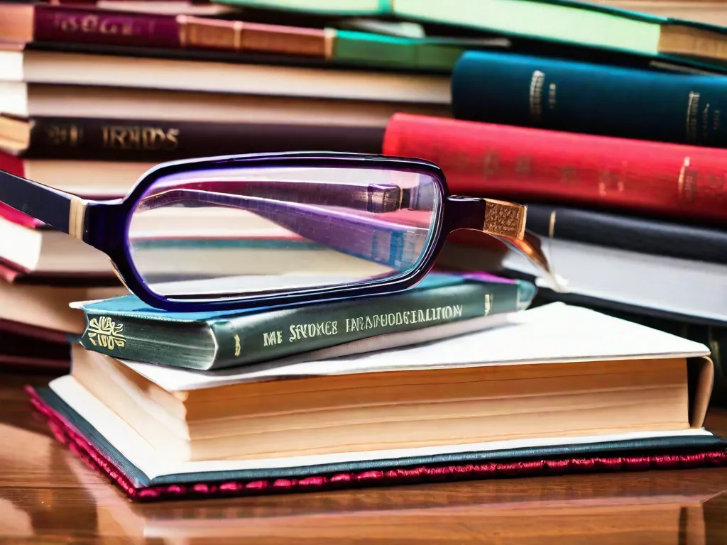 Descrição da imagem: Uma fotografia em close-up de uma pilha de livros com capas coloridas, arranjados de forma organizada em uma mesa de madeira. Os livros estão abertos, revelando páginas cheias de anotações escritas à mão, frases sublinhadas e trechos destacados. Um par de óculos repousa em cima de um dos livros, simbolizando o intenso foco e ded