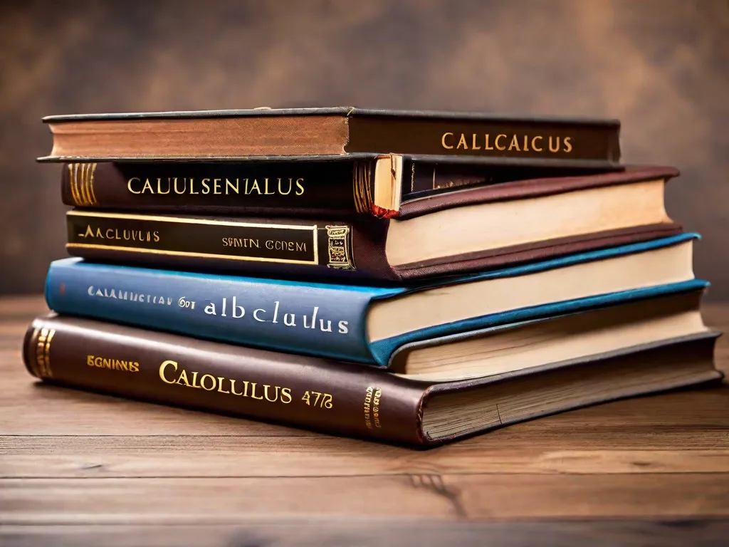 Uma imagem em close-up de uma pilha de livros didáticos de matemática, com suas capas vibrantes em destaque. Os títulos estão visivelmente visíveis, exibindo temas como cálculo, álgebra e trigonometria. Os livros estão arrumados de forma organizada, simbolizando o conhecimento e a complexidade que se encontram em suas páginas.