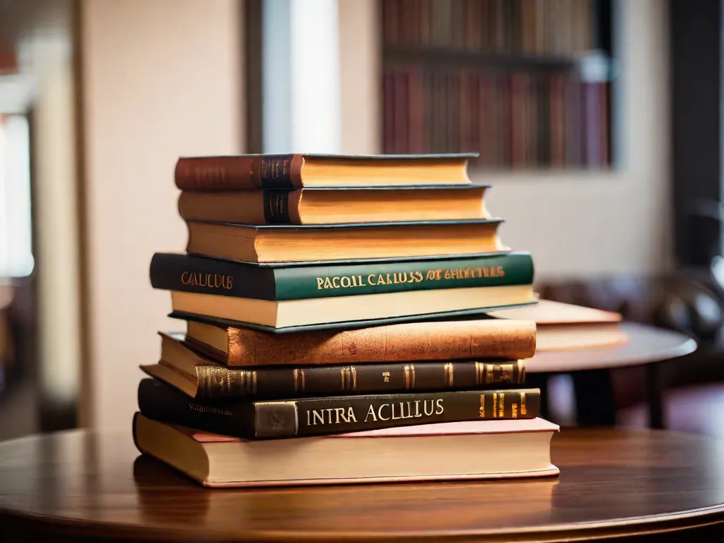 Descrição da imagem:
Uma fotografia em close-up de uma pilha de livros em cima de uma mesa de madeira. Os livros estão arrumados de forma organizada, exibindo títulos relacionados ao cálculo. As capas apresentam símbolos matemáticos, equações e gráficos, representando as complexidades e profundidade do assunto. A iluminação quente realça a textura dos