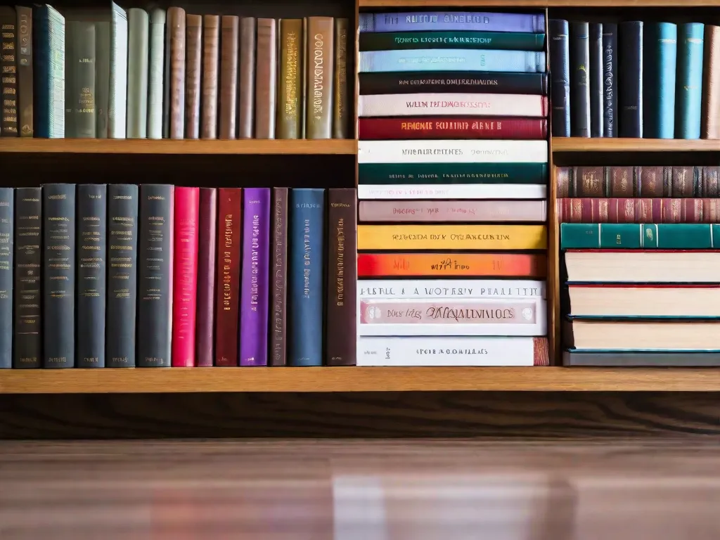 Descrição da imagem: Uma fotografia em close-up de uma pilha de livros com lombadas coloridas, arrumados de forma organizada em uma prateleira de madeira. Cada livro representa um assunto diferente, abrangendo desde ciência e história até literatura e matemática. Os livros estão ligeiramente inclinados, indicando que foram recentemente utilizados para estudo e preparação para exames.