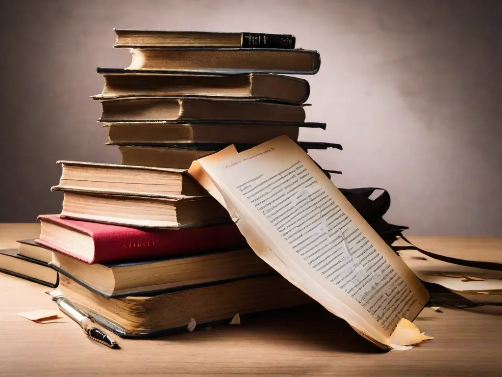 Descrição da imagem: Uma pilha de livros com páginas rasgadas e palavras espalhadas, simbolizando a natureza destrutiva da bulimia. Os livros parecem desgastados e danificados, representando o impacto desse transtorno alimentar na saúde mental e física de uma pessoa. A imagem serve como um lembrete da importância de buscar ajuda e promover uma relação saudável com a