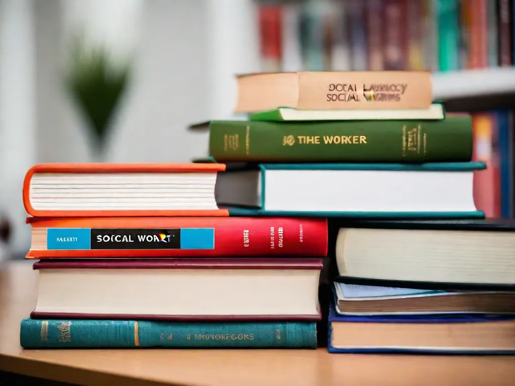 Descrição da imagem: Uma pilha de livros com títulos relacionados ao trabalho social, como
