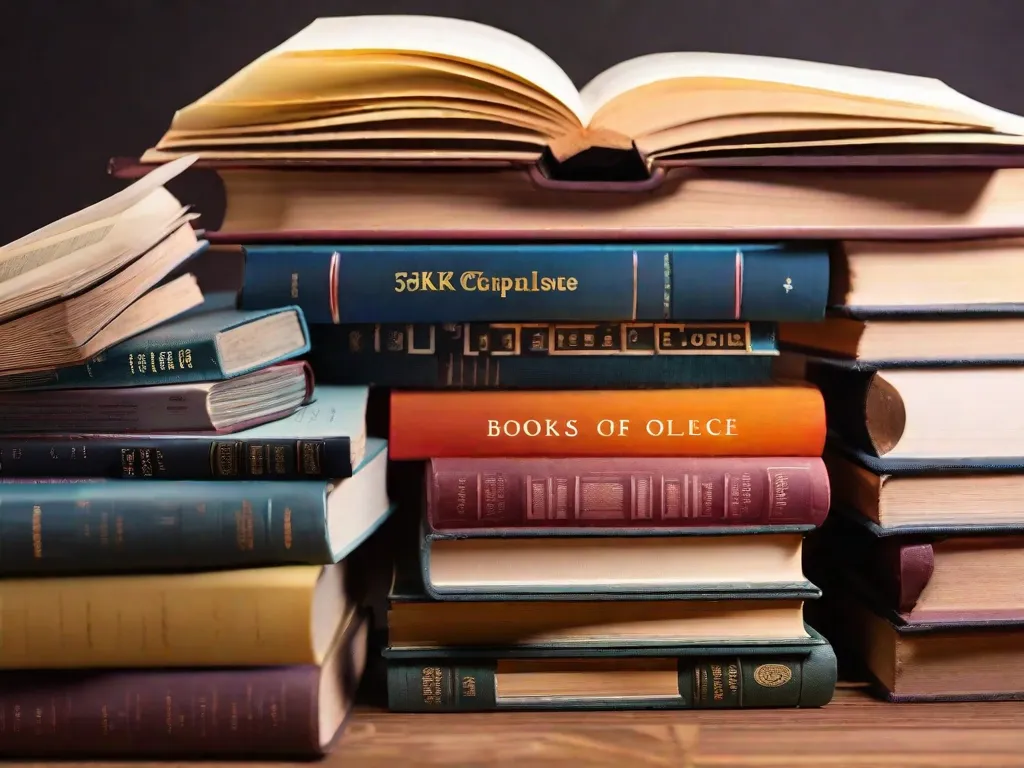 Descrição da imagem: Uma fotografia em close-up de uma pilha de livros com capas coloridas dispostas de forma organizada em uma mesa de madeira. Os livros estão abertos e suas páginas estão preenchidas com anotações escritas à mão e texto sublinhado, indicando que foram utilizados para estudar e se preparar para provas. A imagem transmite uma sensação de dedicação, trabalho árduo