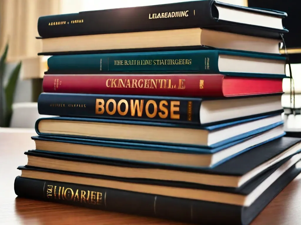 Uma imagem em close-up de uma pilha de livros de negócios organizados de forma arrumada em uma mesa, exibindo títulos sobre liderança, estratégias de gestão e tomada de decisão eficaz. Os livros estão bem desgastados, indicando seu valor e o conhecimento que possuem para aspirantes e experientes gestores.