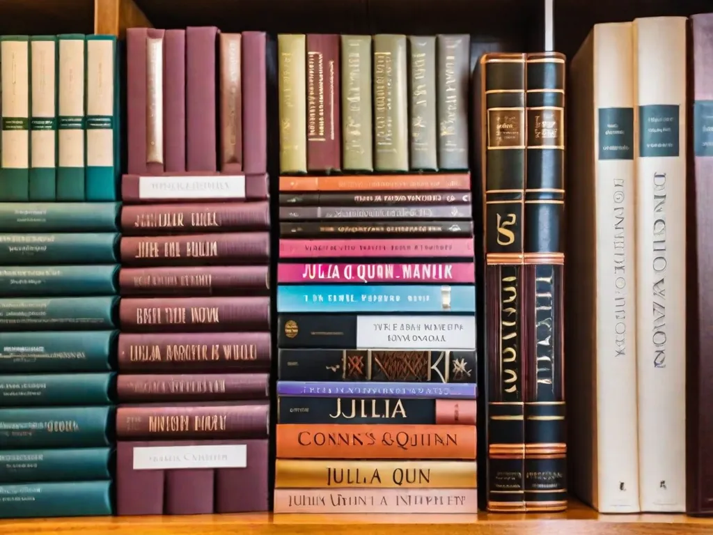 Descrição da Imagem: Um close-up de um livro lindamente encadernado, com uma elegante letra dourada na lombada, destacando o nome de Julia Quinn. O livro está posicionado em uma mesa de madeira vintage, cercado por uma pilha de outros romances históricos. A luz suave do sol passa por uma janela próxima, adicionando um brilho acolhedor à cena.