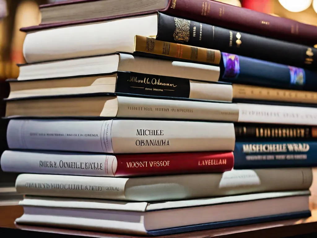 Descrição da imagem: Uma fotografia em close-up de uma pilha de livros, com um deles apresentando o nome de Michelle Obama na capa de forma proeminente. Os livros estão organizados de forma arrumada, exibindo uma variedade de gêneros e temas, simbolizando o poder do conhecimento e o impacto das obras literárias de Michelle Obama nos leitores ao redor do mundo.