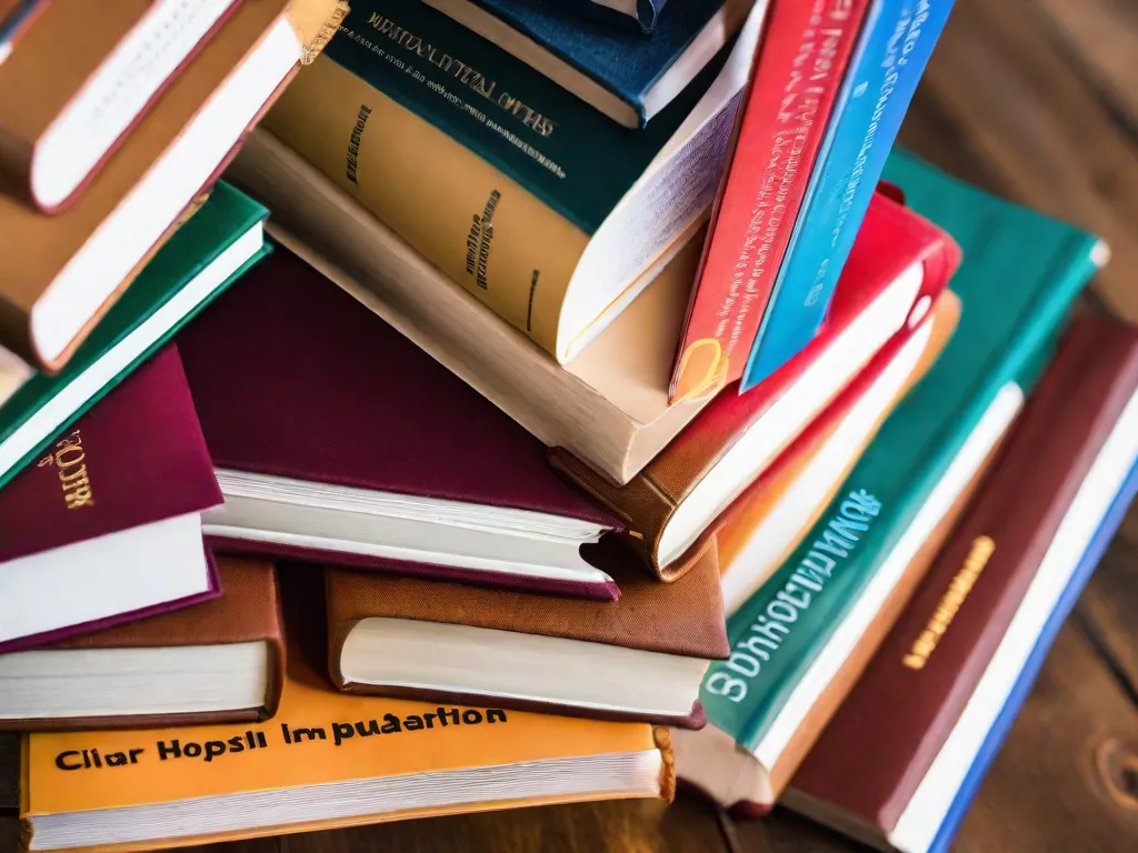 Descrição: Uma imagem em close-up de uma pilha de livros em uma mesa de madeira, com títulos relacionados à nutrição hospitalar. Os livros estão organizados de forma arrumada, exibindo suas capas vibrantes e tópicos variados, incluindo diretrizes dietéticas, nutrição clínica e planos de refeições especializados. A imagem representa a importância do conhecimento e