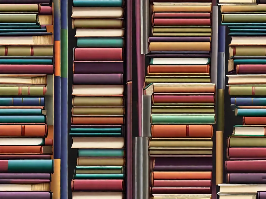 Descrição: Uma fotografia de uma pilha de livros dispostos de maneira precisa e ordenada, formando um padrão geométrico visualmente atraente. Os livros são de tamanhos e cores variadas, representando diferentes gêneros e assuntos. Essa imagem simboliza a organização lógica e a abordagem sistemática ao conhecimento que os livros proporcionam.
