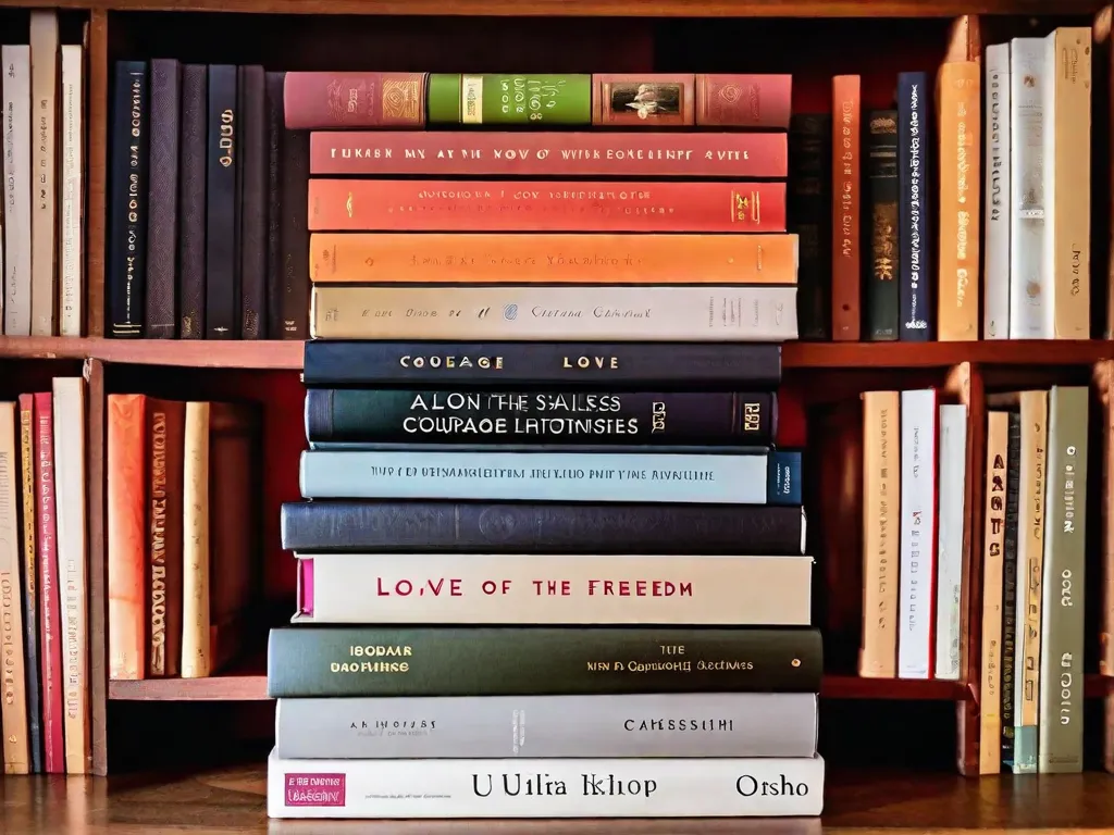 Descrição da imagem: Uma fotografia em close-up de uma pilha de livros de Osho, dispostos de forma organizada em uma mesa de madeira. Os livros têm capas vibrantes, exibindo títulos como