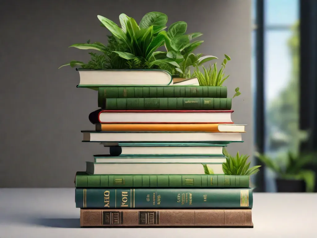 Descrição: Uma imagem de um cantinho aconchegante para leitura feito inteiramente com materiais reciclados. As estantes de livros são feitas de madeira reaproveitada, enquanto as almofadas são feitas de tecido reaproveitado. Uma planta em vaso está em cima de uma caixa de madeira repurposta, adicionando um toque de verde a este espaço sustentável de leitura.