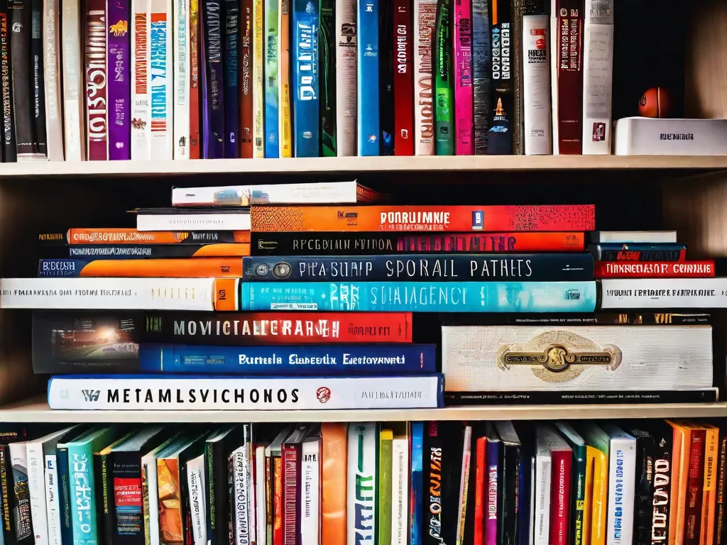 Descrição da imagem: Um close-up de uma estante de livros cheia de vários livros de psicologia relacionados a esportes. Os livros têm capas vibrantes e títulos que enfatizam tópicos como preparação mental, melhoria de desempenho e motivação do atleta. A imagem captura a essência da interseção entre psicologia e esportes, mostrando um recurso val