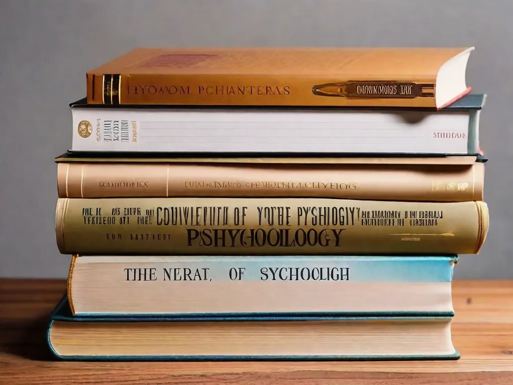 Descrição da imagem: Uma fotografia em close-up de uma pilha de livros em uma mesa de madeira, com títulos relacionados à psicologia exibidos de forma proeminente. Os livros estão arrumados de forma organizada, representando diferentes aspectos da psicologia, como psicologia cognitiva, terapia comportamental e psicanálise. A iluminação quente destaca as capas texturizadas