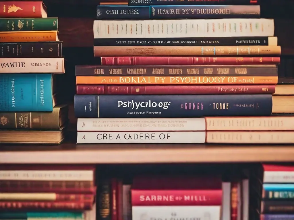 Descrição da imagem:
Uma fotografia em close-up de uma pilha de livros em cima de uma mesa de madeira, com uma lupa descansando em cima. Os livros têm títulos relacionados à psicologia, como