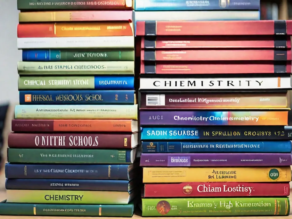 Descrição da imagem: Uma fotografia em close-up de uma pilha de livros didáticos de química, dispostos em uma fileira de forma organizada. Os livros têm capas vibrantes, mostrando reações químicas coloridas e estruturas moleculares. Os títulos nas lombadas são claramente visíveis, representando diversos tópicos de química do ensino médio. A imagem captura