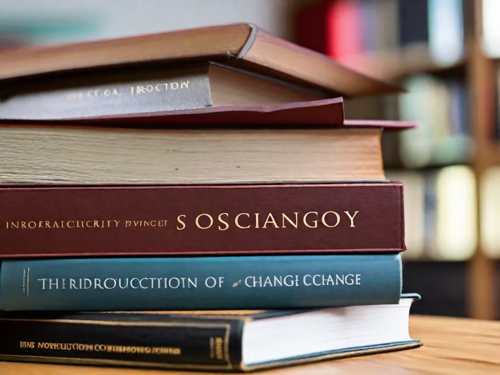 Descrição da imagem: Uma fotografia em close-up de uma pilha de livros em cima de uma mesa de madeira. Os livros variam em tamanho e cor, representando diferentes assuntos dentro da sociologia. Os títulos são visíveis e incluem
