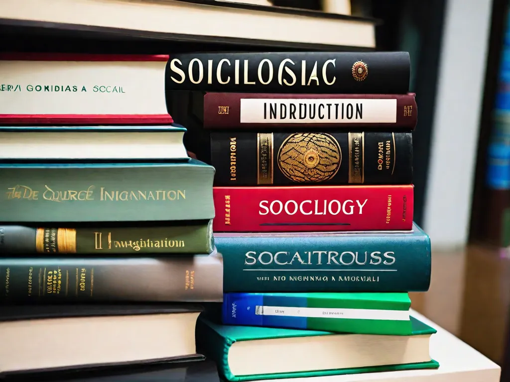 Descrição da imagem: Um close-up de uma pilha de livros com títulos diversos, representando a introdução à sociologia. Os livros variam em tamanho e cor, simbolizando a ampla gama de tópicos e perspectivas exploradas no campo. Os títulos nas lombadas incluem