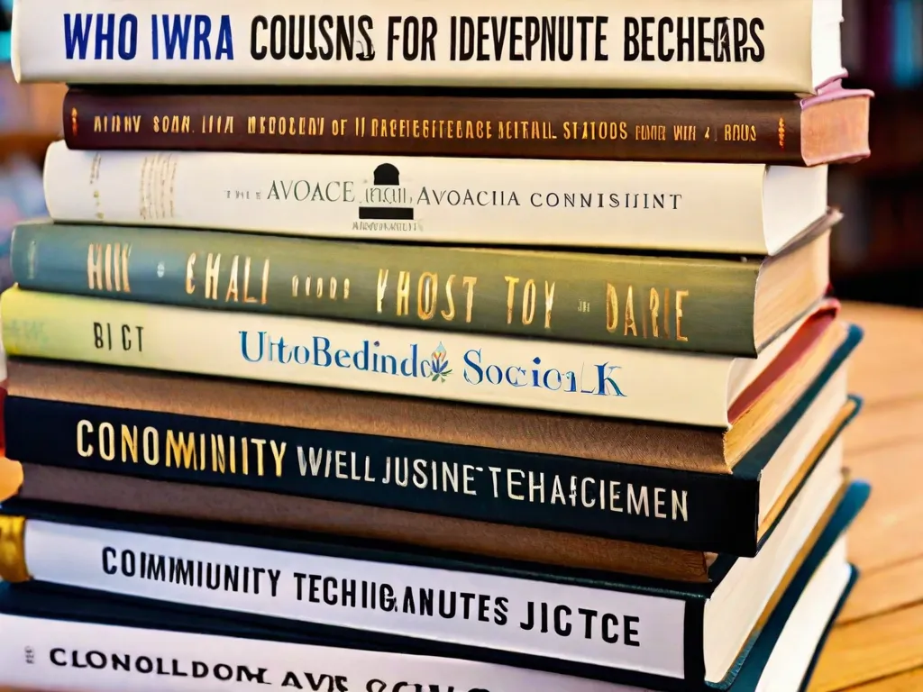 Descrição da imagem: Um close de uma pilha de livros em cima de uma mesa de madeira, cada livro representando um aspecto diferente do trabalho social. Os títulos incluem